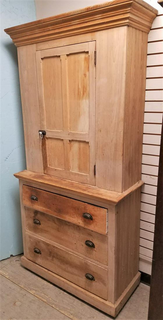 19th c. PINE STEP BACK 1 DOOR OVER 3 DRAWER CABINET,: 19th c. PINE STEP BACK 1 DOOR OVER 3 DRAWER CABINET, 6'9"H X 38.5"W X 18"D