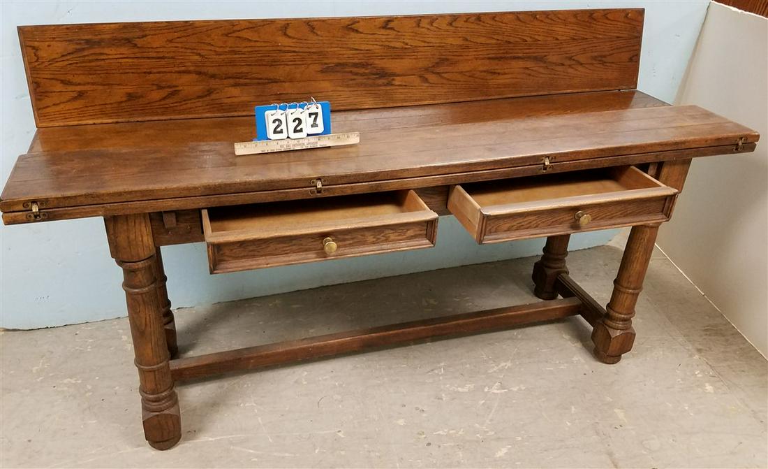 OAK CENTURY FURNITURE 2 DRAWER CONSOLE/DINING TABLE-TOP: OAK CENTURY FURNITURE 2 DRAWER CONSOLE/DINING TABLE-TOP FLIPS DOWN, 30.5"H X 6'W X 20"D CLOSED. 40"W OPEN