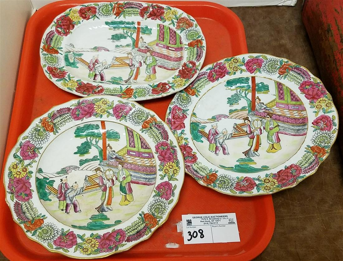 TRAY CHINESE EXPORT PLATTER, 10" X 8" + 2 MISSON: TRAY CHINESE EXPORT PLATTER, 10" X 8" + 2 MISSON PLATES, 9.5"