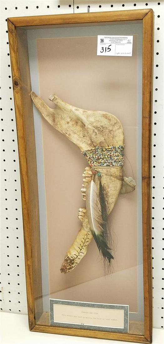 JAWBONE WAR CLUB (PAINTED GOOSE FEATHER) IN SHADOW BOX,: JAWBONE WAR CLUB (PAINTED GOOSE FEATHER) IN SHADOW BOX, 29"H X 12"W X 2.75"D
