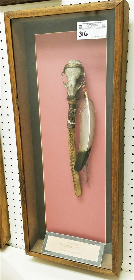 N.W. MOUNTAIN TRIBES BURIAL MARKER, (PTD. GOOSE: N.W. MOUNTAIN TRIBES BURIAL MARKER, (PTD. GOOSE FEATHER), IN SHADOW BOX, 29"H X 12"W X 2.75"D