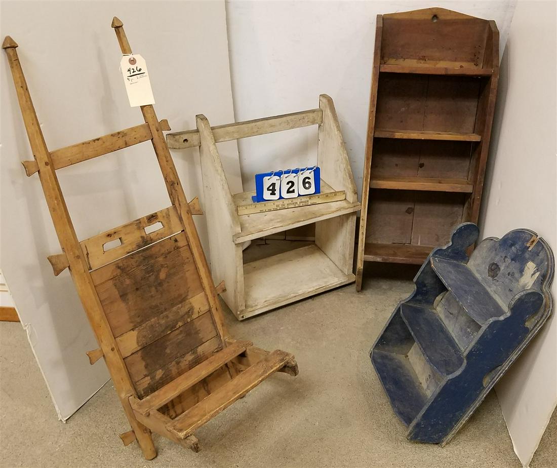 4PC. PRIM.-3 WOODEN WALL SHELVES, HAND CRAFTED CARRIER: 4PC. PRIM.-3 WOODEN WALL SHELVES, HAND CRAFTED CARRIER
