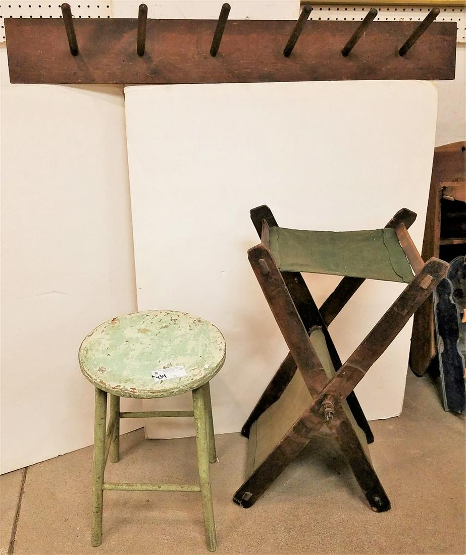 3 WOODEN PRIM. ITEMS,-STOOL, WALL COAT RACK, FOLDING: 3 WOODEN PRIM. ITEMS,-STOOL, WALL COAT RACK, FOLDING STAND