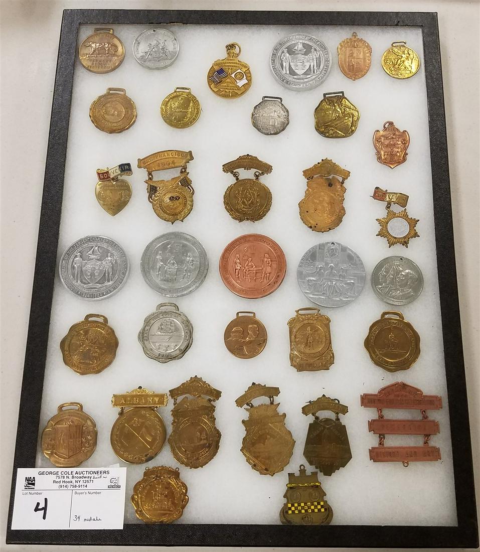 SHADOWBOX W/ 34 MEDALS-CENTENNIAL CONVENTION, ANNIV.,: SHADOWBOX W/ 34 MEDALS-CENTENNIAL CONVENTION, ANNIV., HUDSON FULTON, ETC.