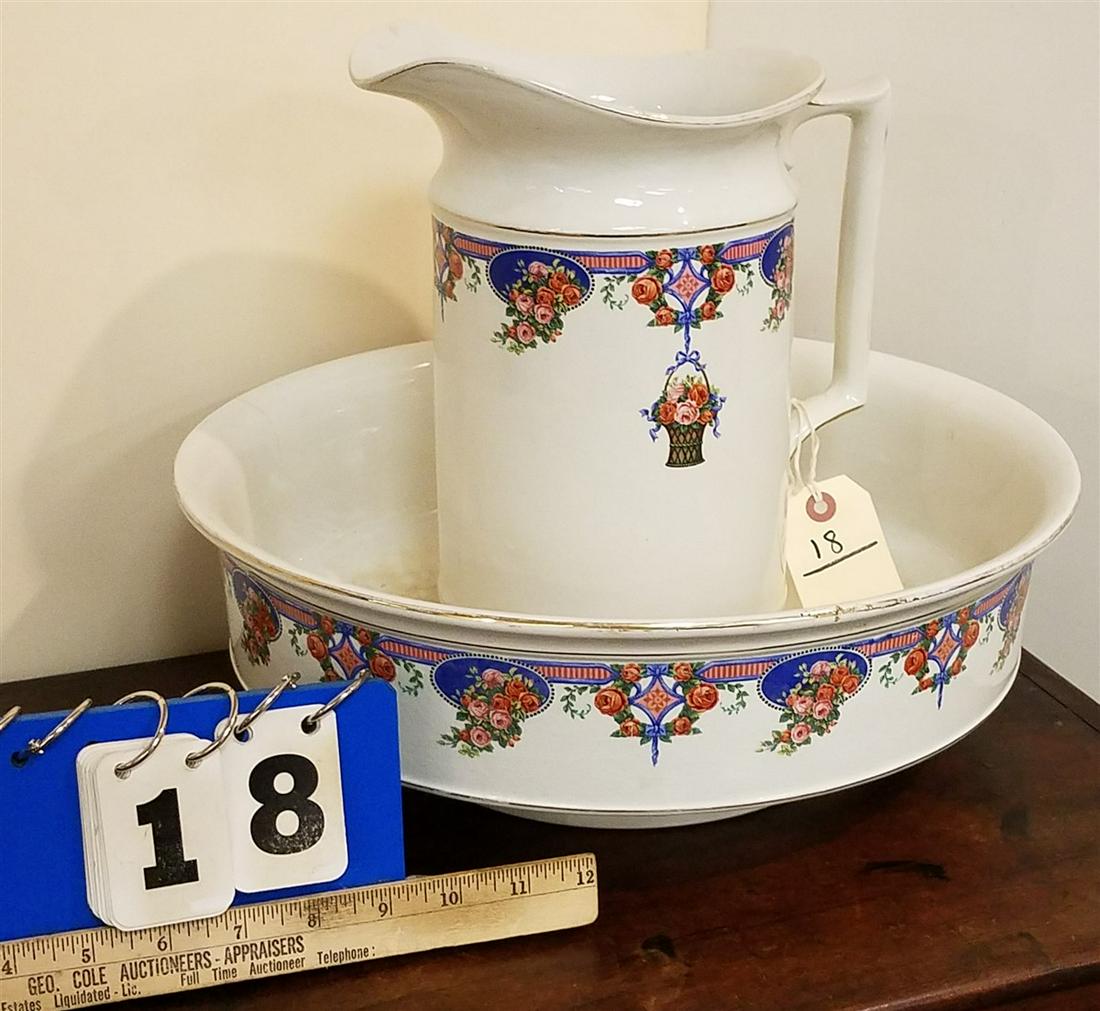 ENGLISH TRANSFERWARE PITCHER + BOWL: ENGLISH TRANSFERWARE PITCHER + BOWL