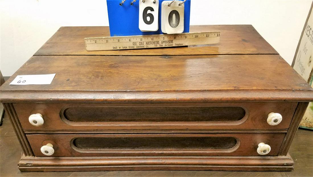 19th c. 2 DRAWER SPOOL CABINET, 7.5"H X 22.5"W X 15.5"D (1 of 3)