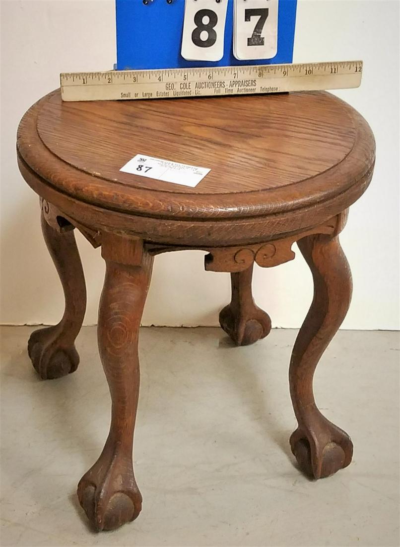 OAK CLAW FOOT STOOL 14.75"H X 13.75" DIAM. (1 of 2)