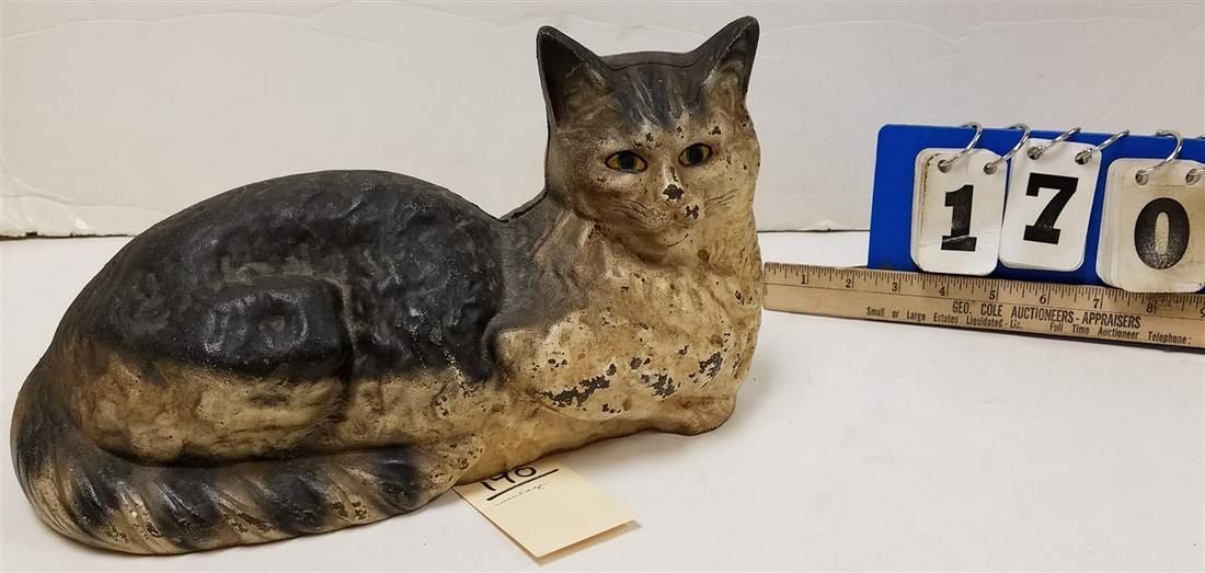 VINTAGE RECLINING CAT CAST IRON DOOR STOP, 7"H X 12.5"L (1 of 3)