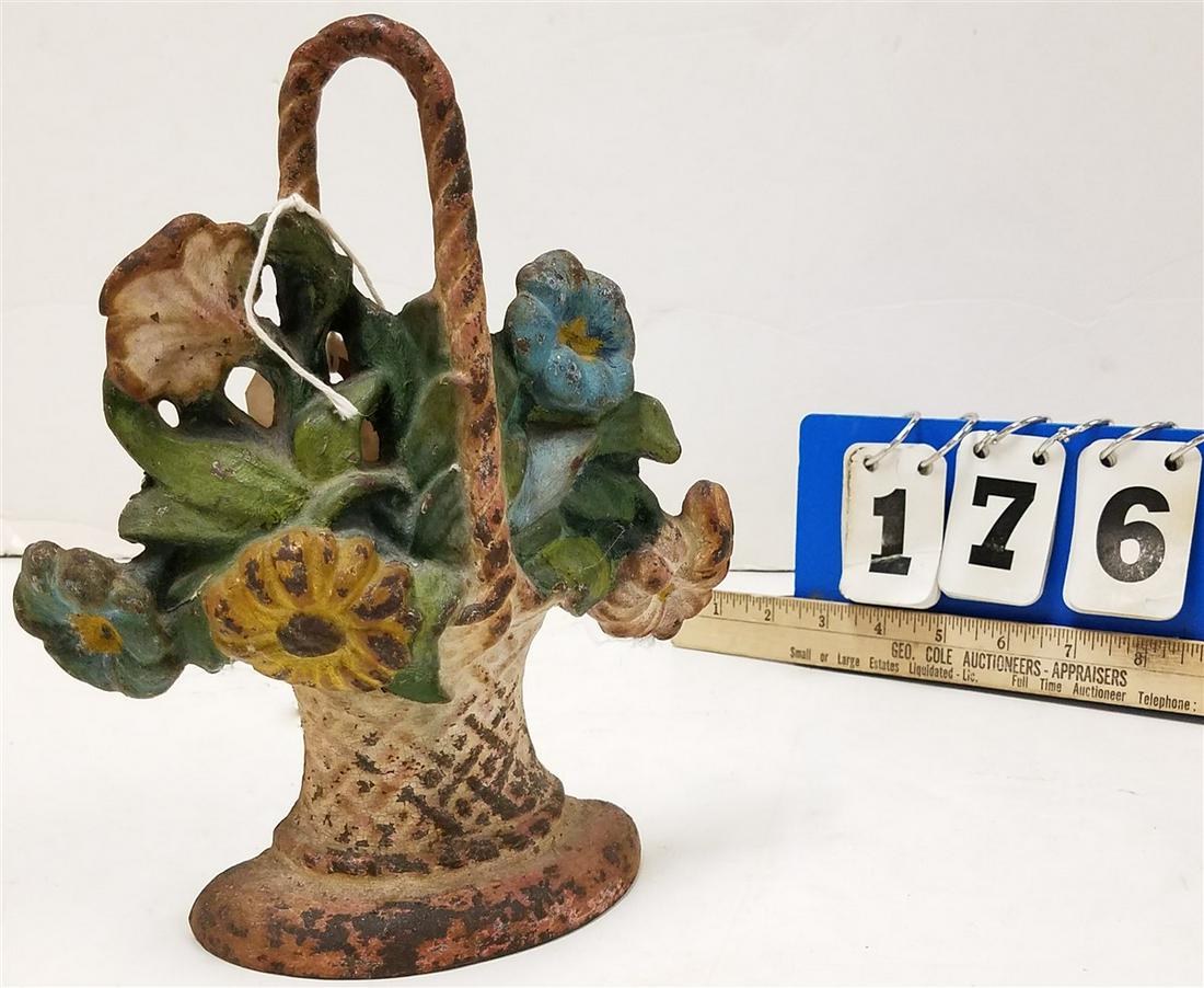 VINTAGE HUBLEY BASKET OF FLOWERS, CAST IRON DOOR STOP, (1 of 2)