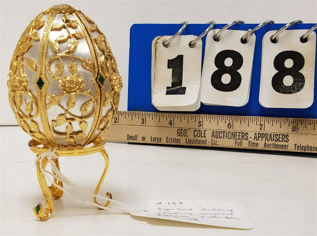 IGOR CARL FABREGE STERL. + VERMEIL FILIGREE BUTTERFLY: IGOR CARL FABREGE STERL. + VERMEIL FILIGREE BUTTERFLY EGG ON STAND