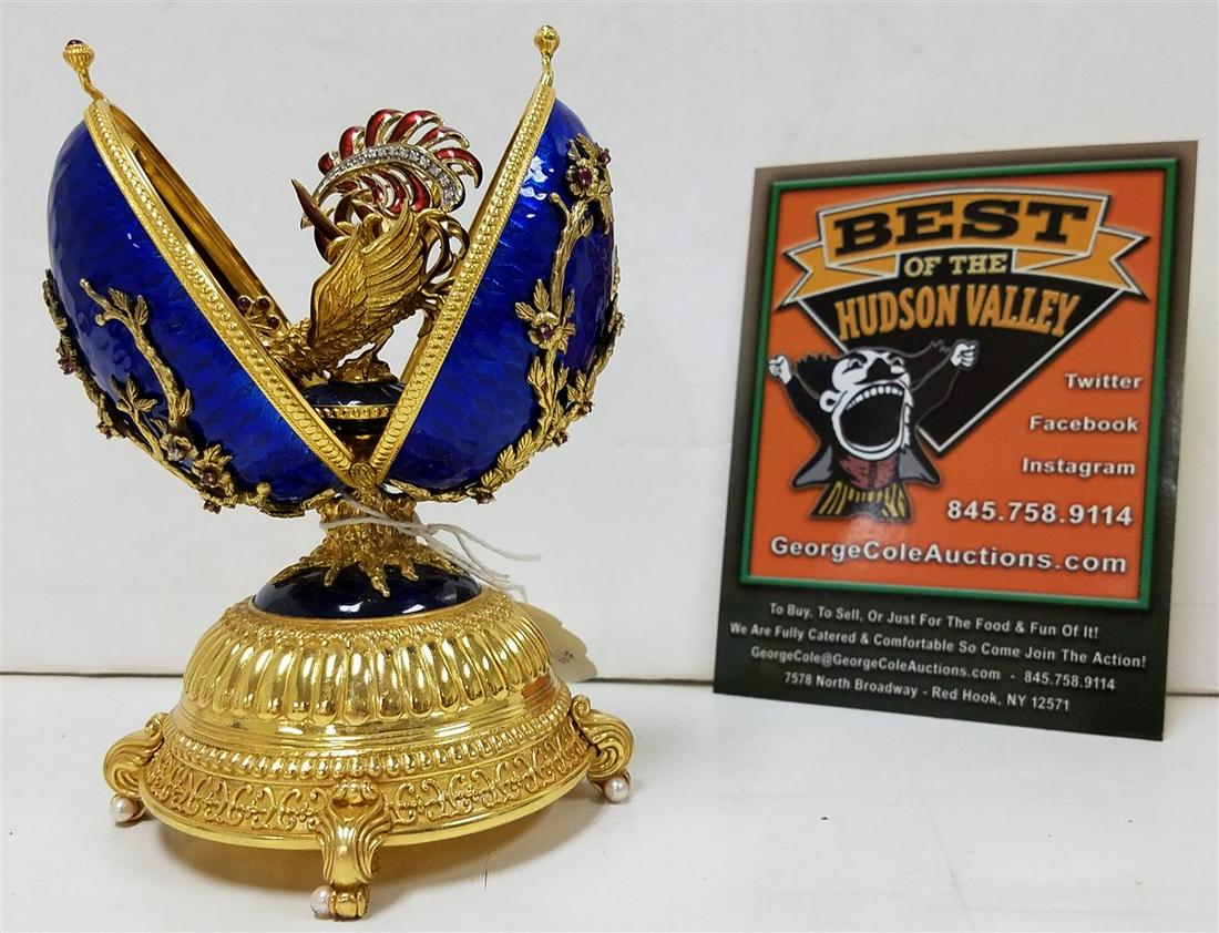 IGOR CARL FABREGE STERLING + ENAMEL W/ 24KT PLATED: IGOR CARL FABREGE STERLING + ENAMEL W/ 24KT PLATED FIREBIRD MUSIC BOX EGG W/ 14K + DIAMOND FEATHER PIN SURPRISE