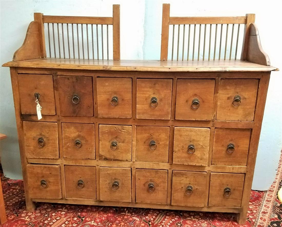 19th c. TEAK PHARMACY COUNTER/CABINET, W/ RAISED PANEL (1 of 5)