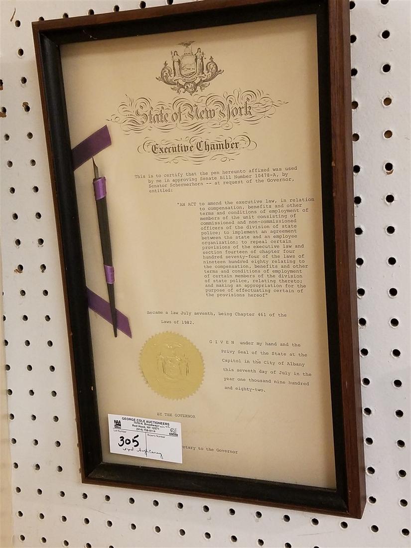 FRAMED 1982 STATE OF NY DOCUMENT + PEN, HUGH CAREY (1 of 2)