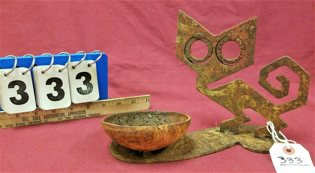 FOLK ART STEEL CAT W/ BOWL, 6.75"H X 10"L: FOLK ART STEEL CAT W/ BOWL, 6.75"H X 10"L