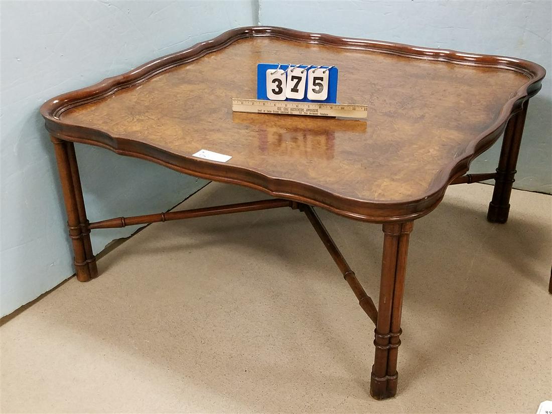 BURL WALNUT COFFEE TABLE, 17.5"H X 36" SQ. (1 of 2)