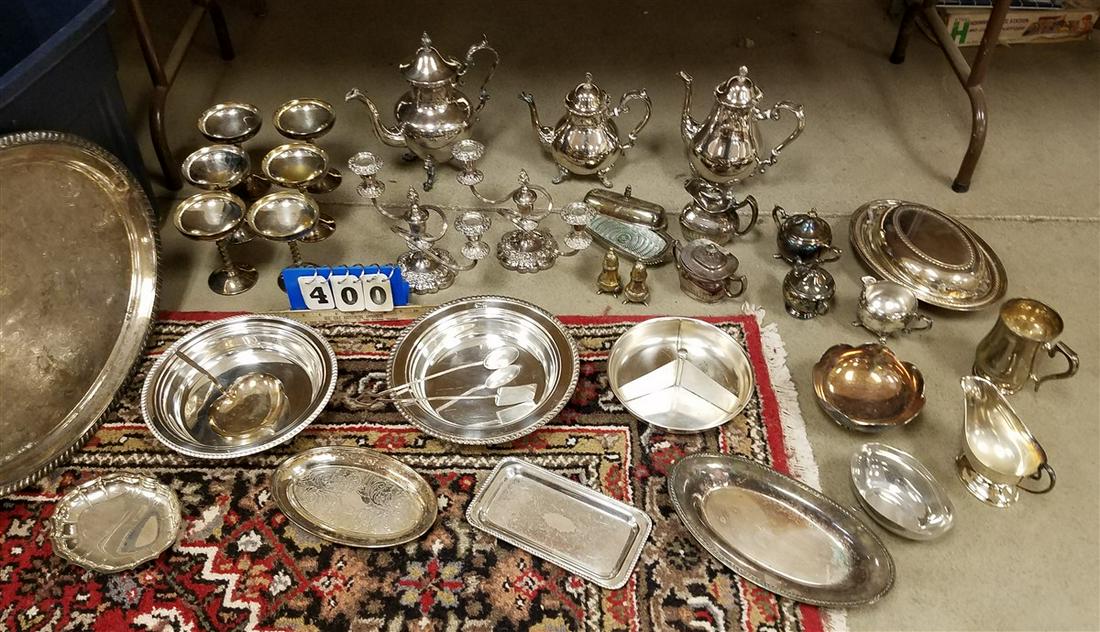 TUB SILVERPLATE, TEA SET. CANDELABRA, ETC.: TUB SILVERPLATE, TEA SET. CANDELABRA, ETC.
