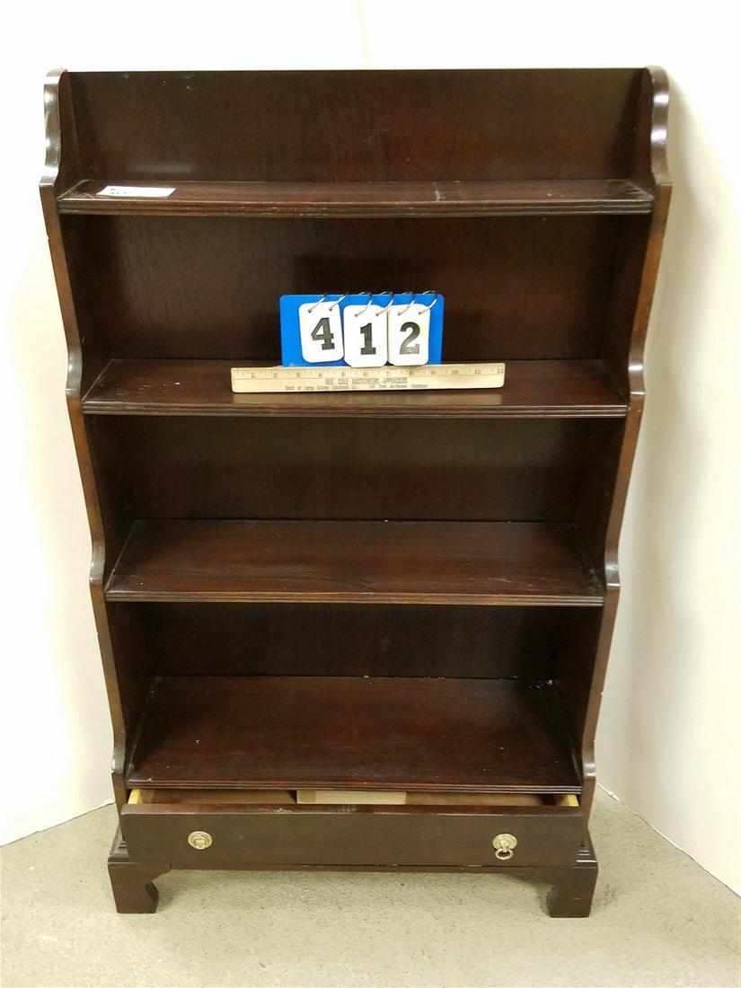 MAHOG. 4 TIER BOOKCASE W/ DRAWER, 42"H X 26"W X 9"D (1 of 2)