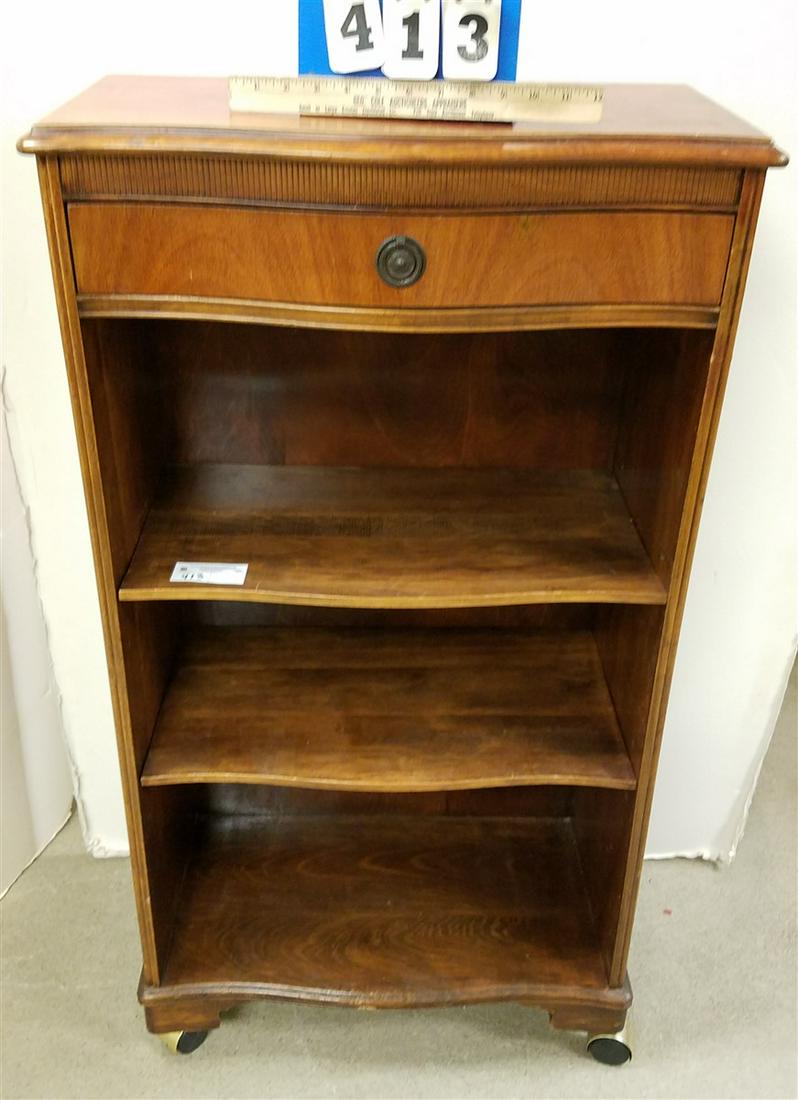 MAHOG. 2 SHELF BOOKCASE W/ DRAWER, 45"H X 24"W X 12"D (1 of 2)