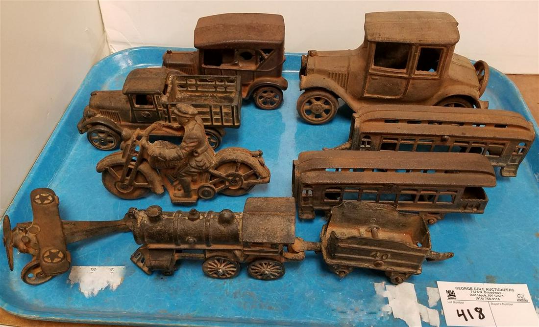 TRAY CAST IRON TOYS, SOME SGND JM + IRON ART: TRAY CAST IRON TOYS, SOME SGND JM + IRON ART
