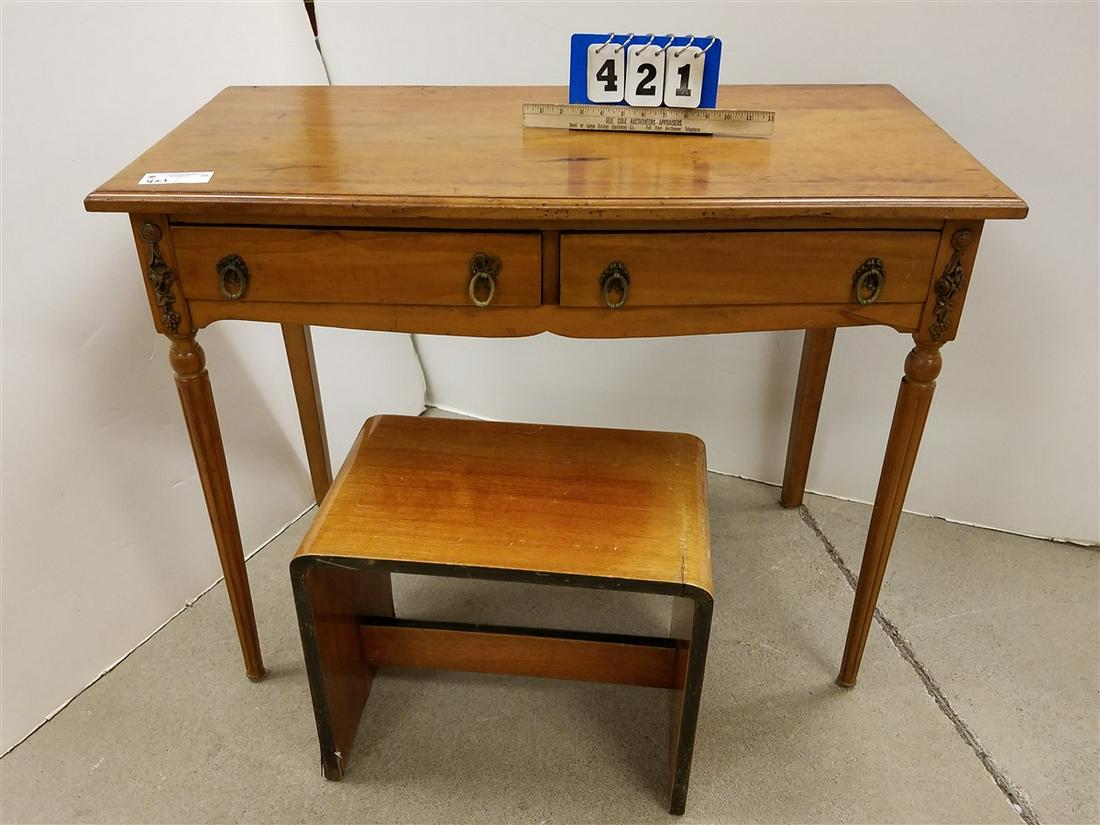 2 DRAWER MAPLE DESK, 29"H X 38"W X 19"D W/ DECO BENCH: 2 DRAWER MAPLE DESK, 29"H X 38"W X 19"D W/ DECO BENCH