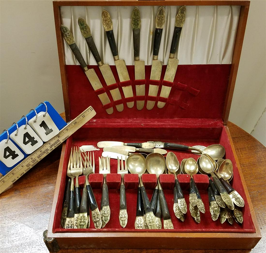 45PC. THAI BRONZE + TEAK FLATWARE SET (1 of 3)
