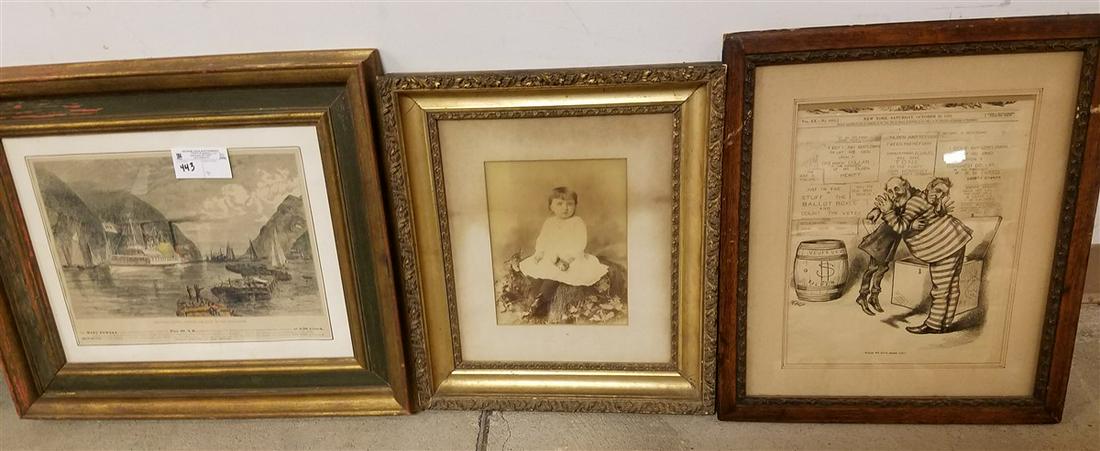 3 FRAMED PCS-1876 POLITICAL CARTOON, MARY POWEL LITHO +: 3 FRAMED PCS-1876 POLITICAL CARTOON, MARY POWEL LITHO + VICT. PHOTO