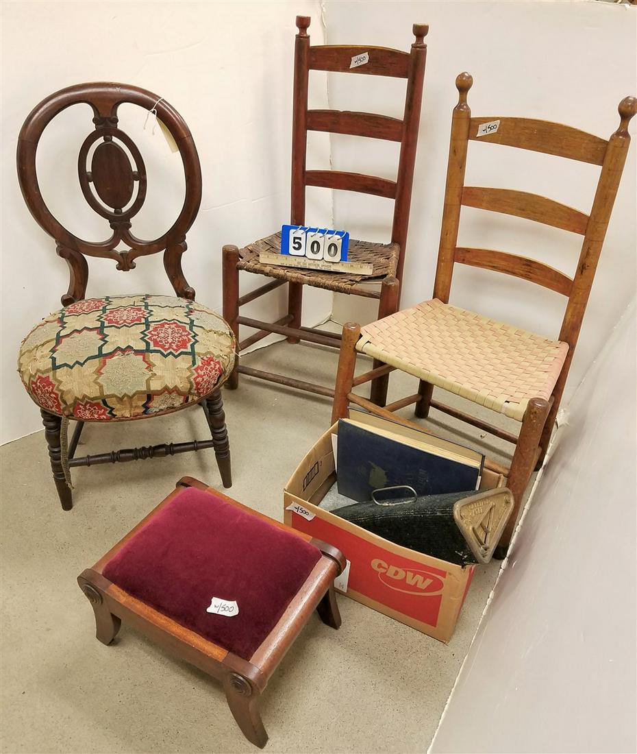 2 PRIM. CHARS, VICT. CHAIR, FOOTSTOOL, STAMP ALBUM, (1 of 1)
