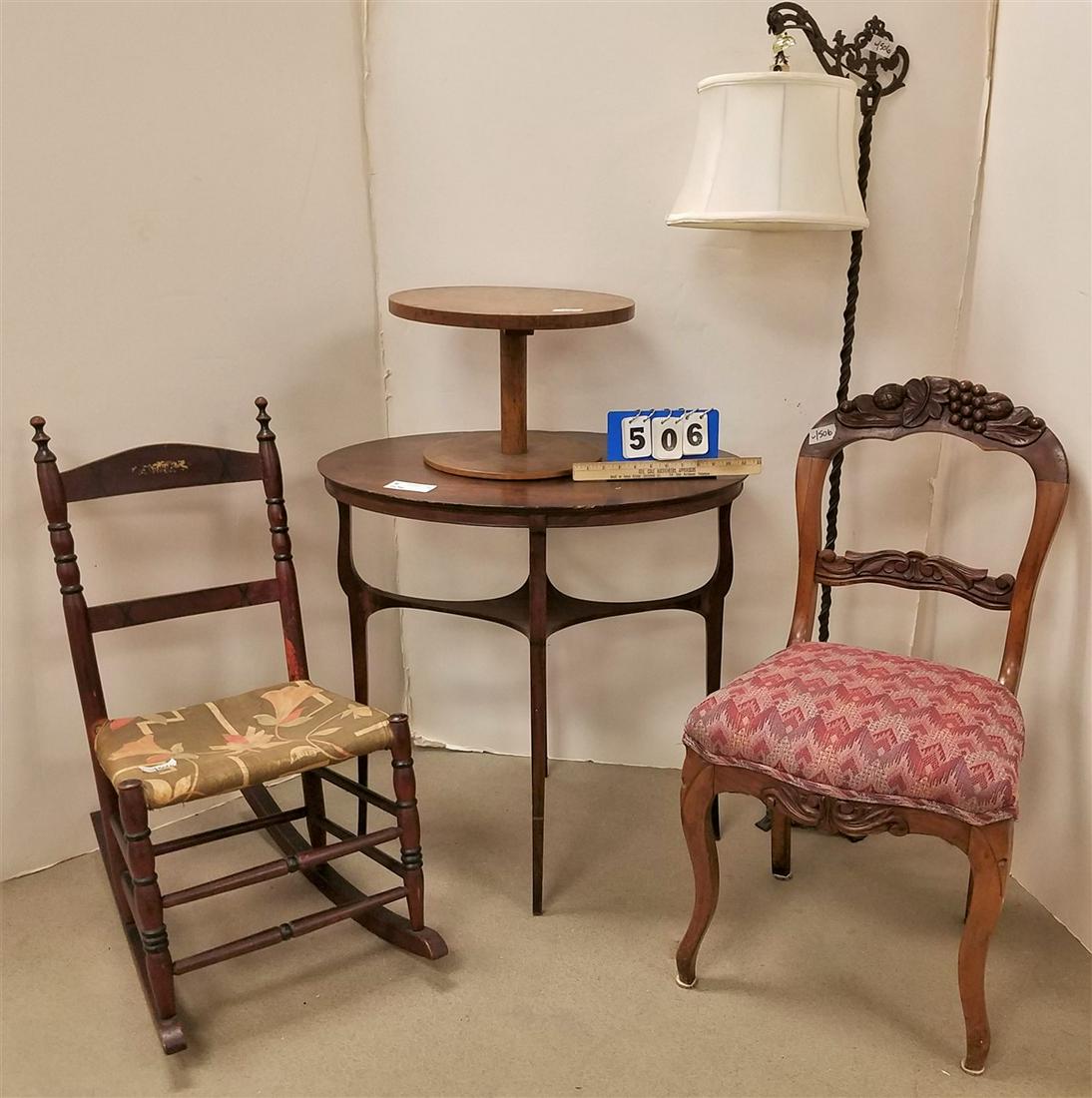 MAHOG. STAND 28.5"H X 28"W X 21"L. VICT. CHAIR, ROCKER, (1 of 2)