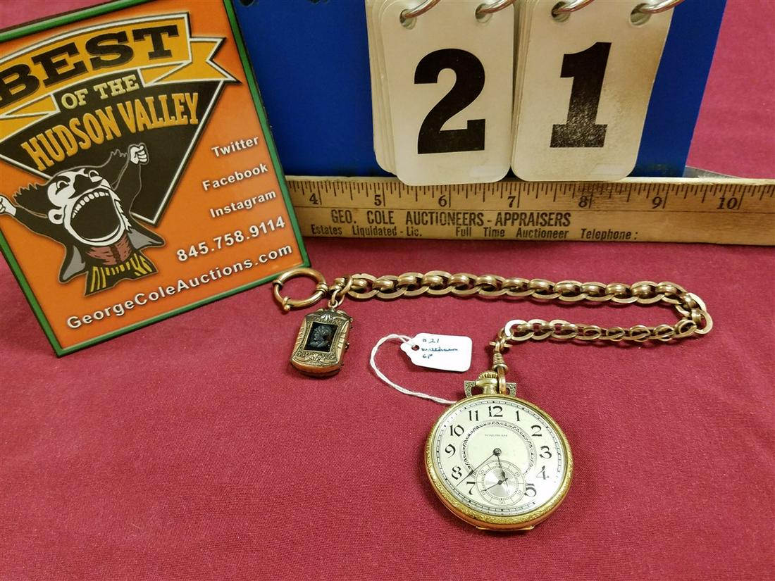 WALTHAM GF OPEN FACED POCKET WATCH, W/ GF CHAIN-WORKING (1 of 8)