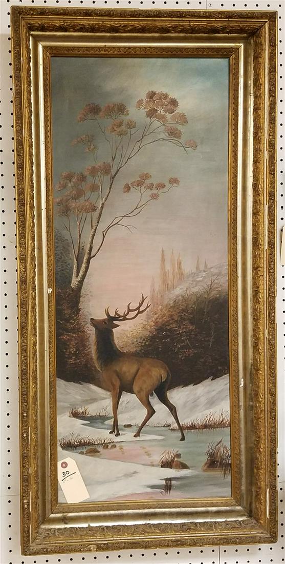FRAMED 19th c. O/C WINTER LANDSCAPE W/ STAG, 37" X 15" (1 of 2)