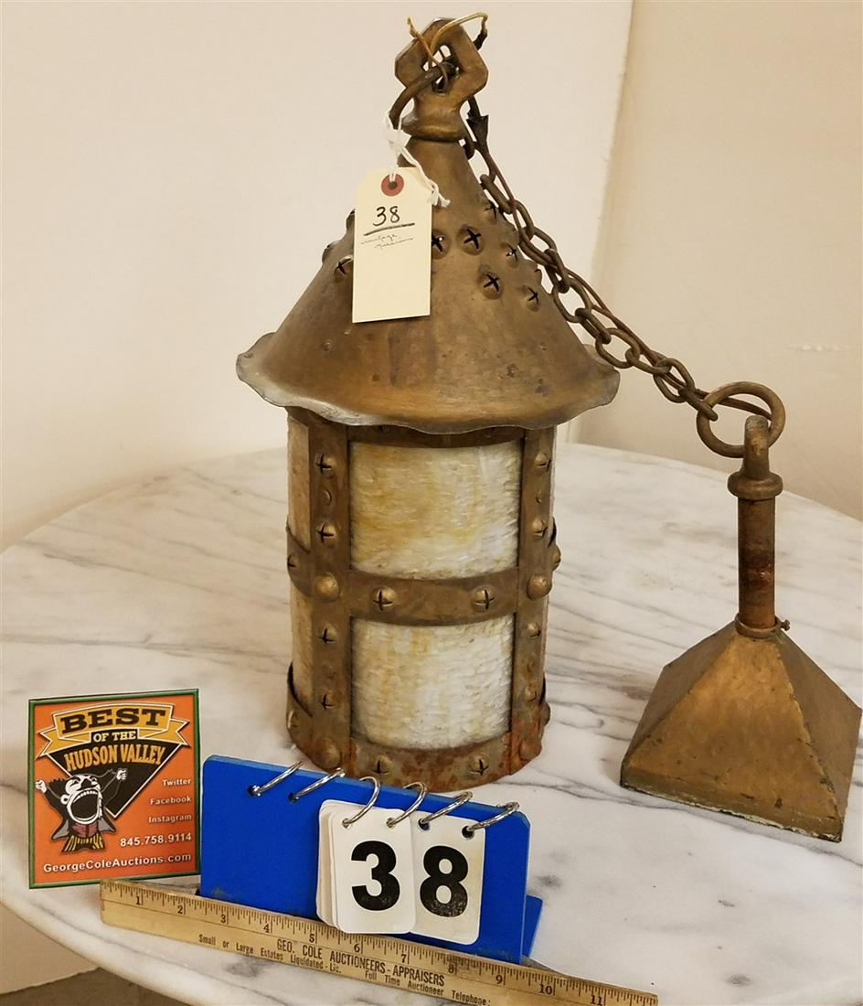VINTAGE MISSION METAL HANGING LANTERN W/ SLAG GLASS (1 of 1)