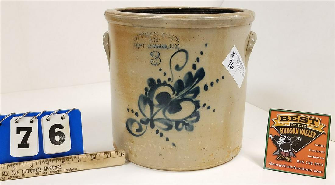 3 GAL. BLUE DEC. OTTMAN BROS. FORT EDWARD STONEWARE (1 of 3)