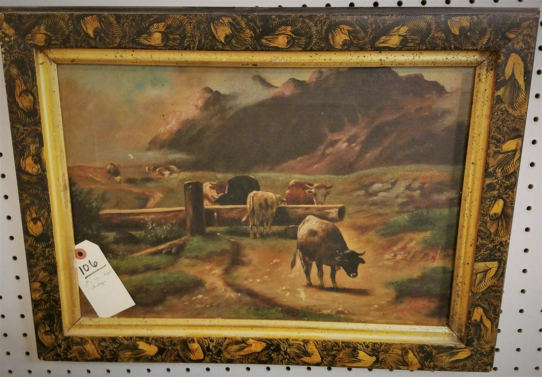 FRAMED 19th c. O/C LANDSCAPE W/ COWS, SGND, SALZER 12" (1 of 3)