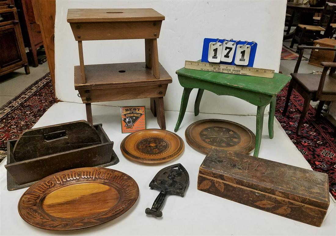 BOX PRIM. WOODEN ITEMS-KNIFE BXS, CRICKET STOOL, TUCKER (1 of 1)