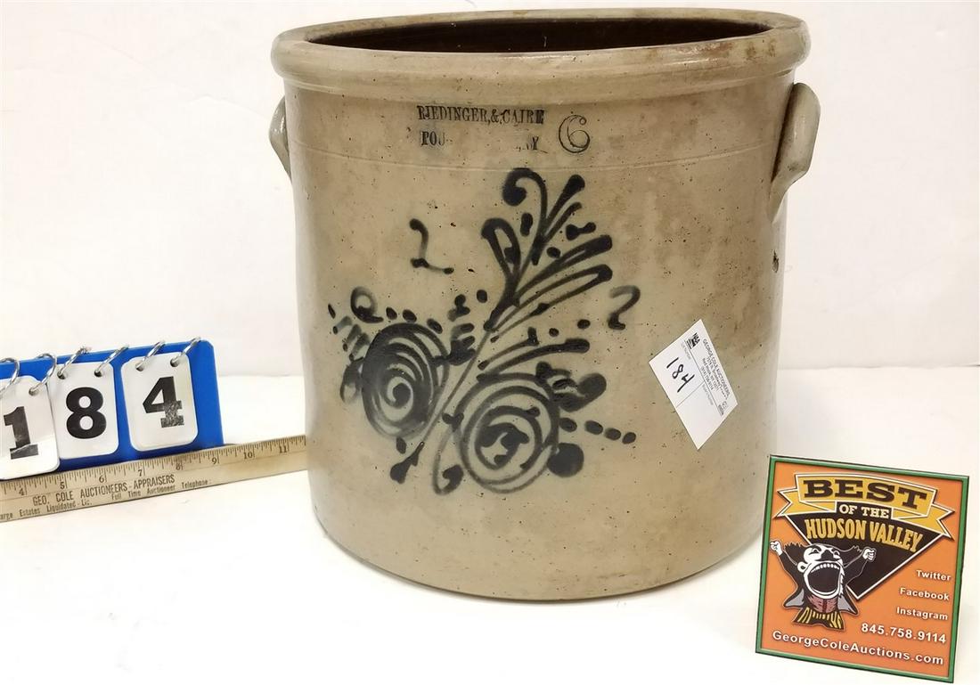 6 GAL. BLUE DEC. CROCK, RIEDINGER + CAIRE, POUGHKEEPSIE (1 of 3)