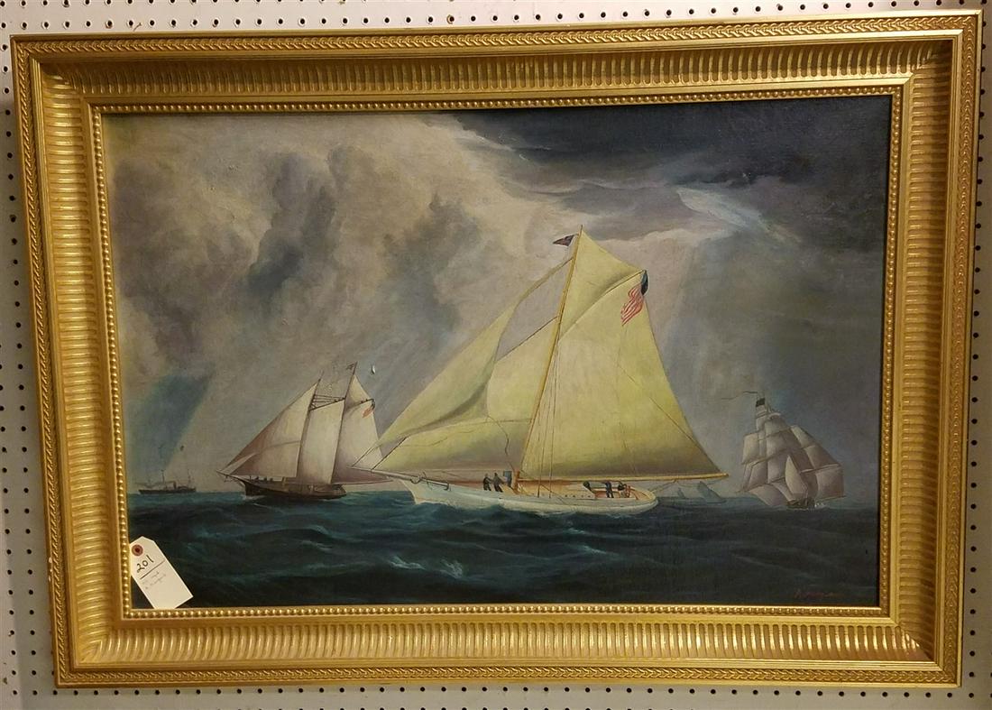 FRAMED O/C MASTED SHIPS, SGND, A. MUNGLARD, 24" X 36" (1 of 2)