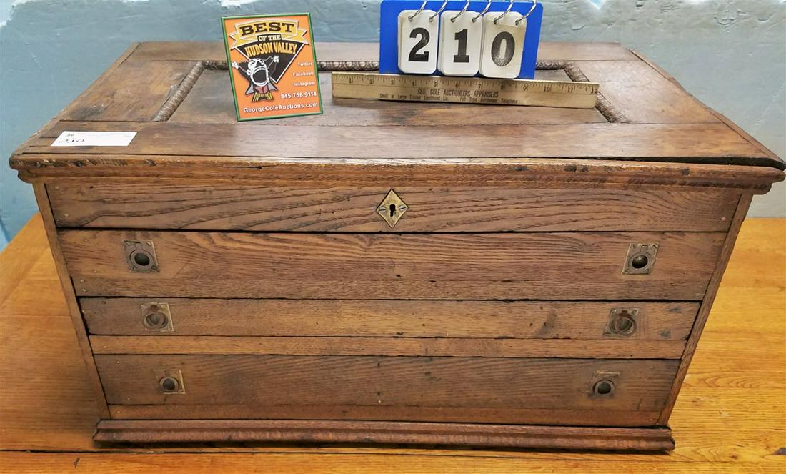 19th c. OAK 3 DRAWER LIFT TOP CABINET, 15"H X 28"W X (1 of 3)