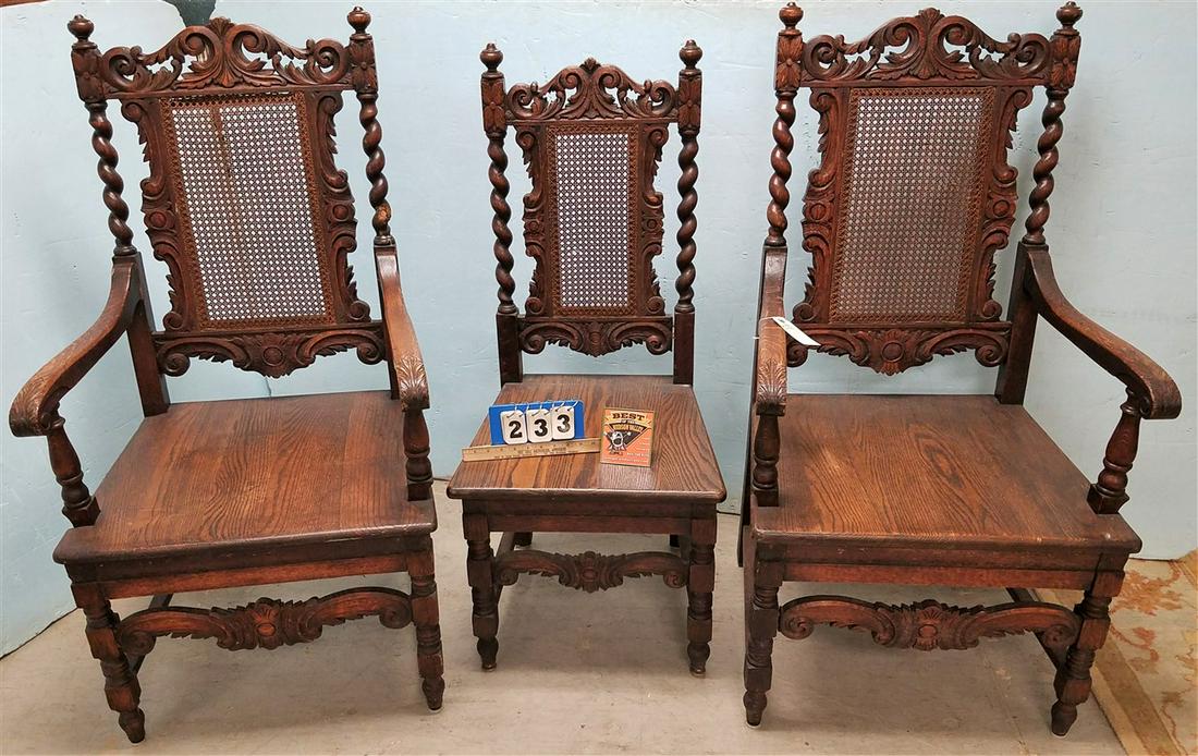 SET 3 c.1890 CARVED OAK CHAIRS-PR. ARM, 1 SIDE (1 of 2)