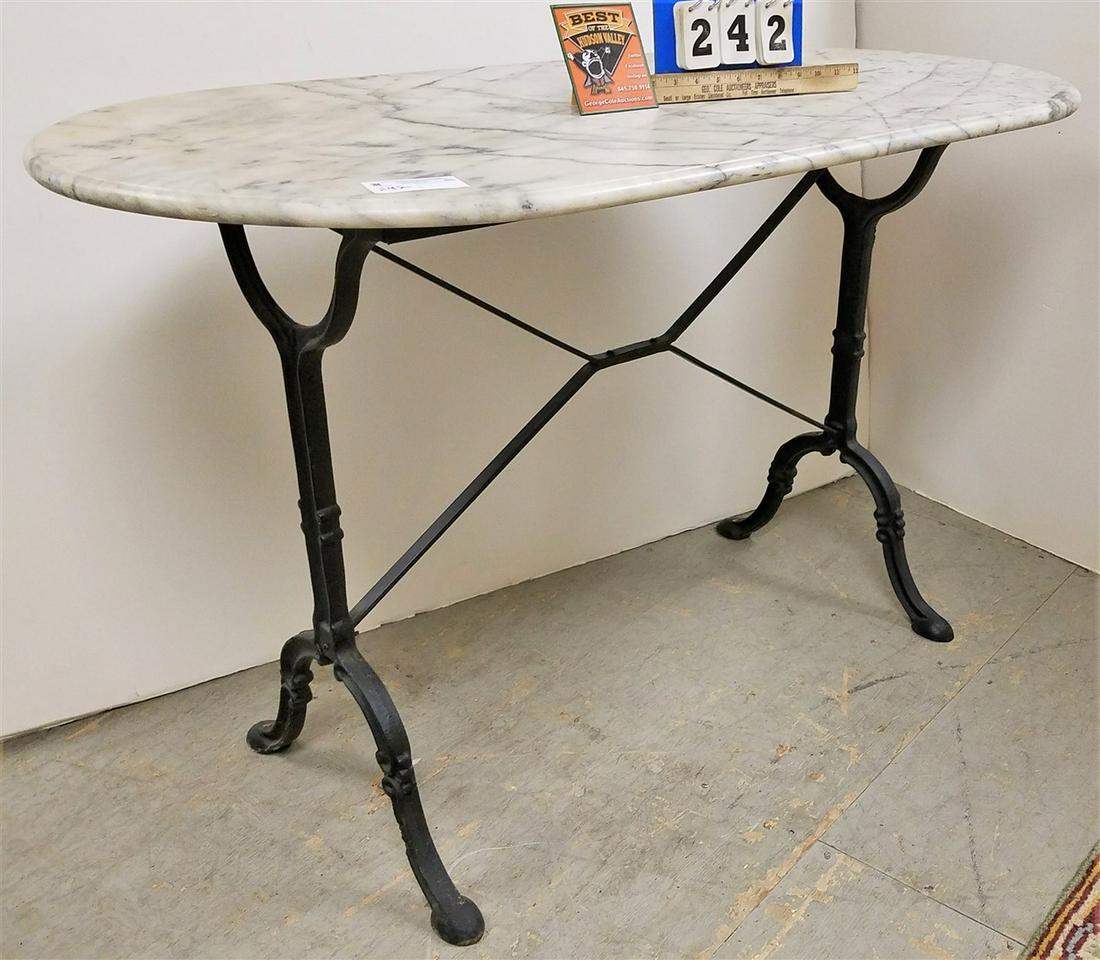 CAST IRON BASE MARBLE TOP TABLE, 30"H X 47"W X 23.5"D (1 of 3)