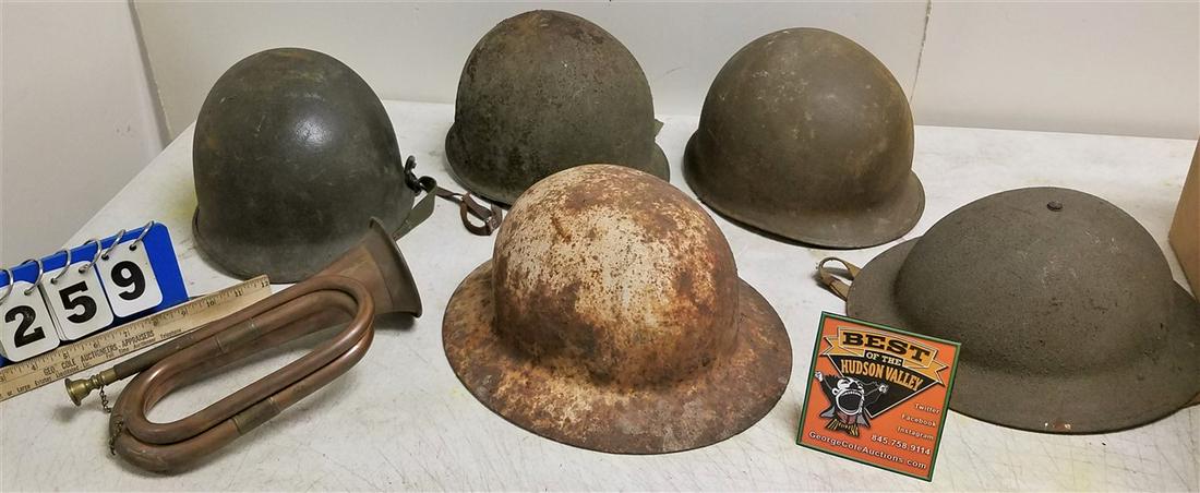 BOX 5 MILITARY HELMETS + COPPER BUGLE (1 of 2)