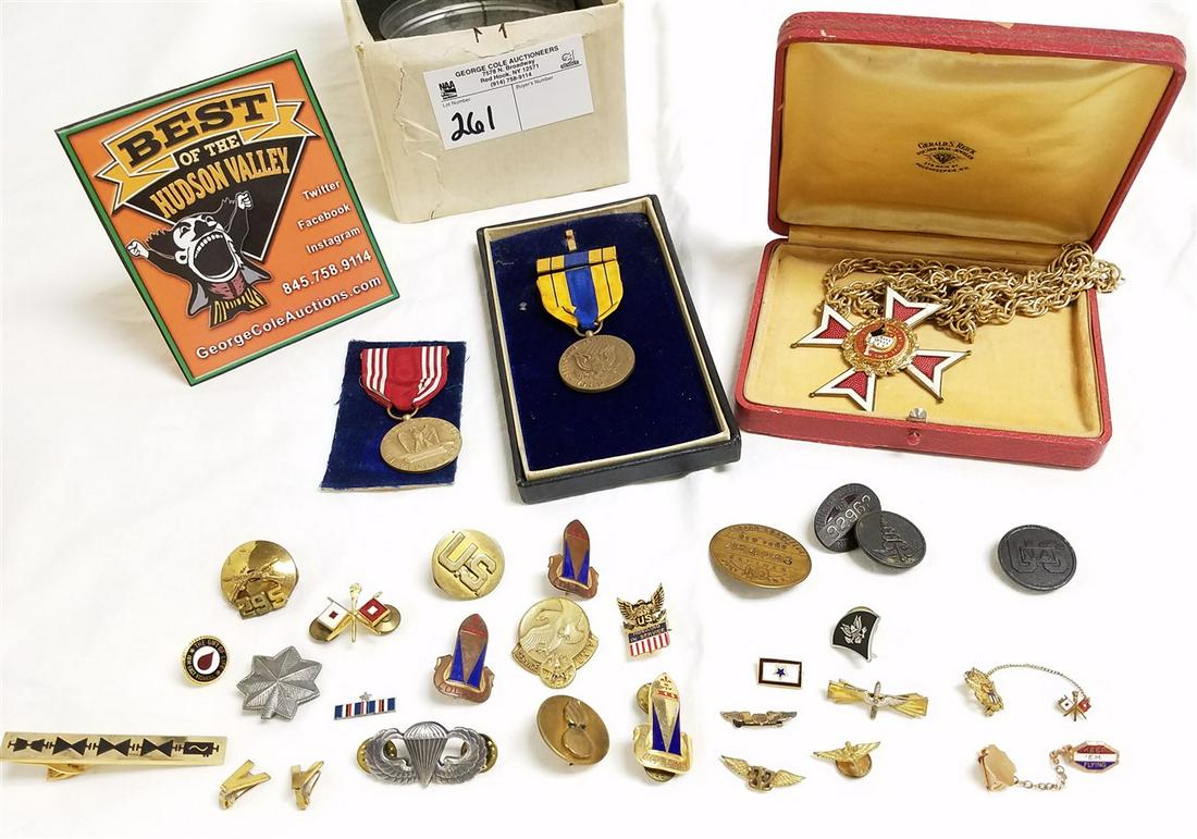 SMALL BOX W/ COLLECTION OF MEDALS & PINS, INCL. 2 (1 of 5)