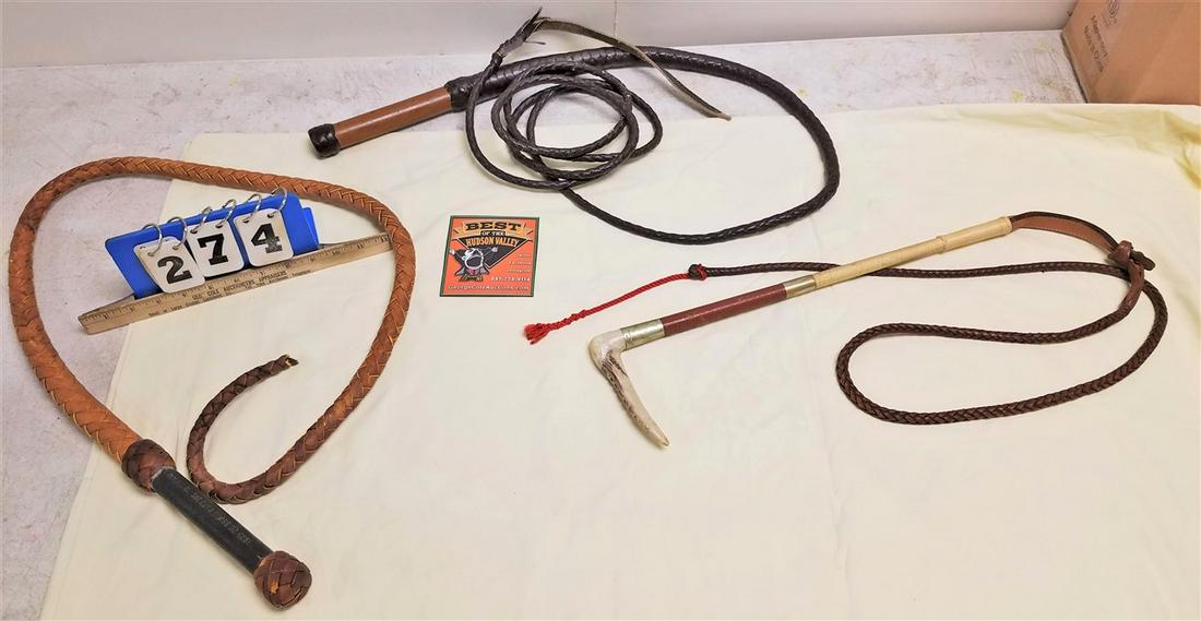COLLECTION 3 BRAIDED LEATHER BULL WHIPS, 1 W/ "CANE: COLLECTION 3 BRAIDED LEATHER BULL WHIPS, 1 W/ "CANE HANDLE" BONE GRIP