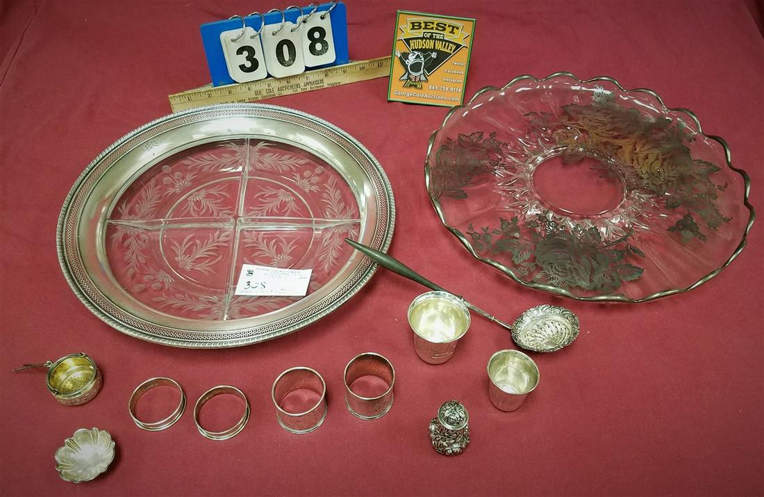 LOT STERL.-SILVER OVERLAY 14" DIAM. GLASS TRAY, 13.5" (1 of 3)