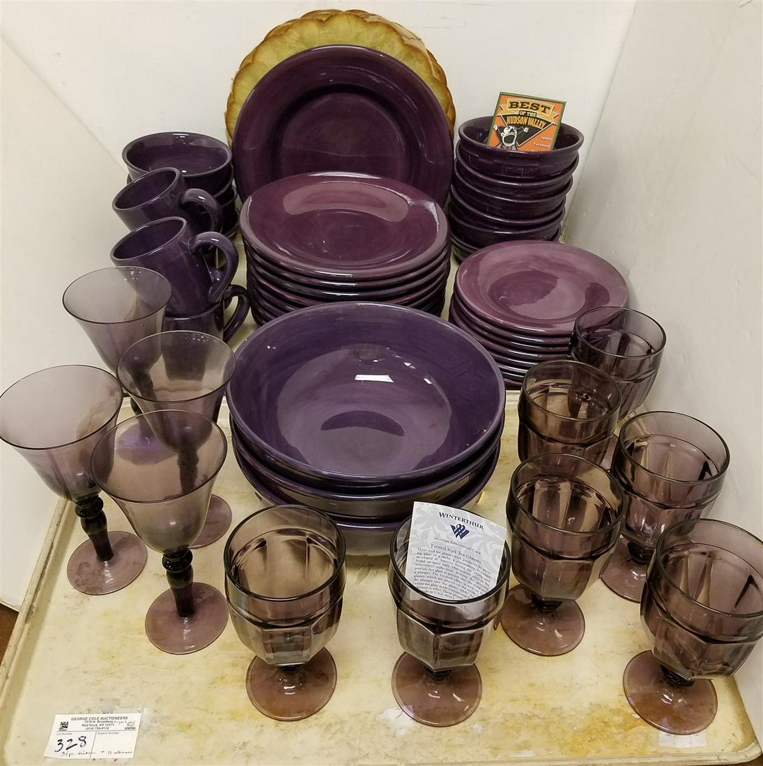 2 TRAYS 35PC., ESPANA HAND PTD. DINNER SET W/ 7 GOBLETS: 2 TRAYS 35PC., ESPANA HAND PTD. DINNER SET W/ 7 GOBLETS + 4 WINE GLASSES