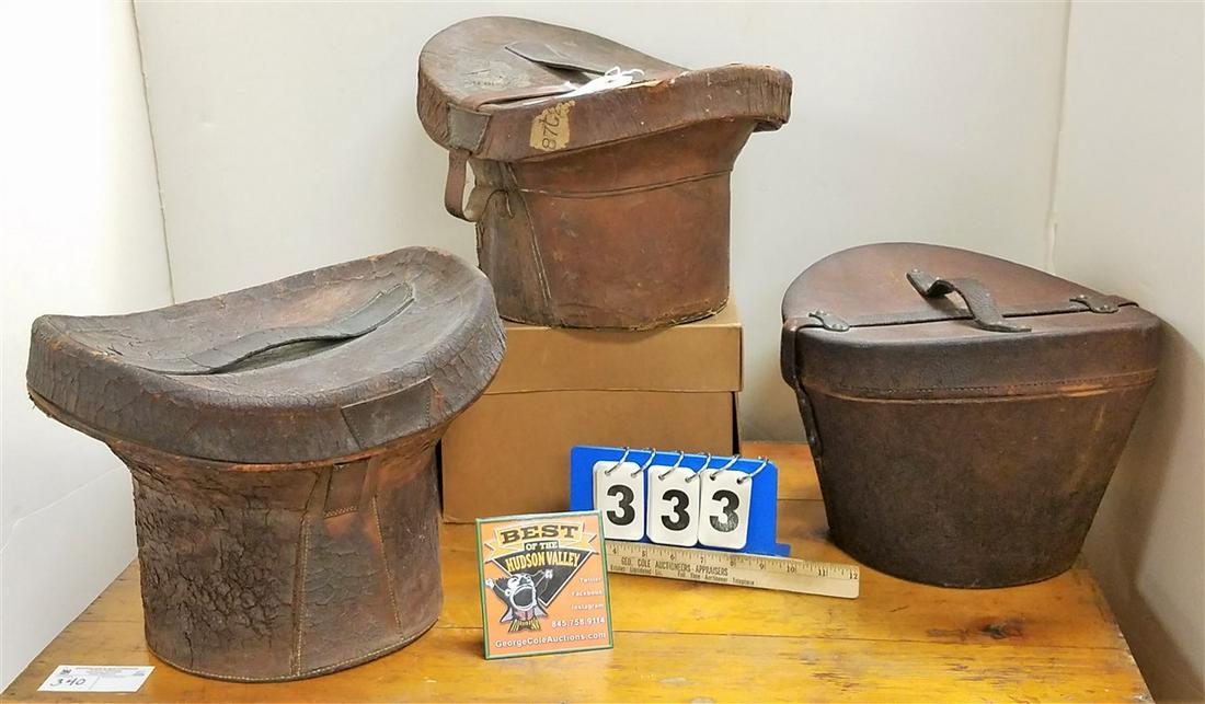 3 19th c. LEATHER HAT BOXES + BEST + CO. HAT BX W/ HAT (1 of 4)