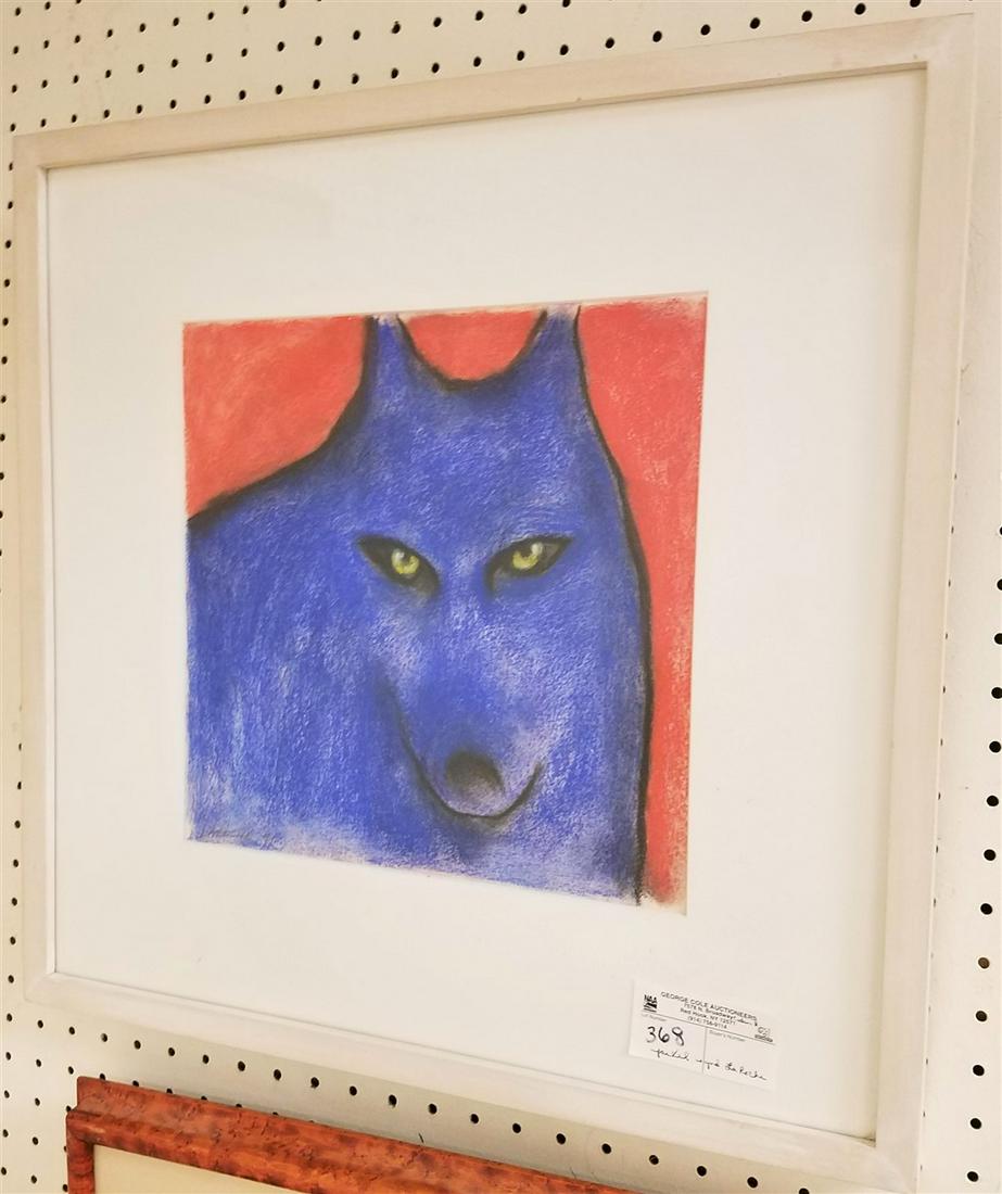 FRAMED PASTEL BLUE WOLF PENCIL SIGNED LA ROCHE 12"X12" (1 of 2)