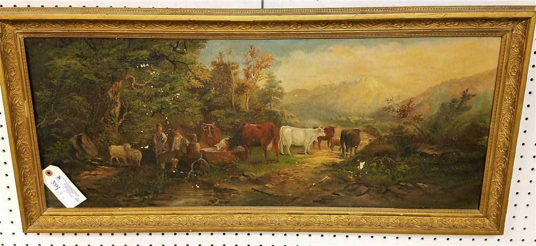 FRAMED 19TH C O/C LANDSCAPE W/ COWS UNSGND 13 1/2" X (1 of 3)