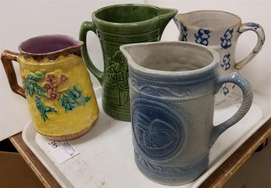 TRAY 4 PITCHERS MAJOLICA, SPONGEWARE W/ COWS (1 of 1)