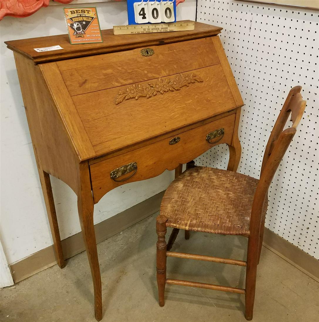 OAK SLANT FRONT DESK, 38"H X 29.5"W X 14.5"D + CHAIR: OAK SLANT FRONT DESK, 38"H X 29.5"W X 14.5"D + CHAIR