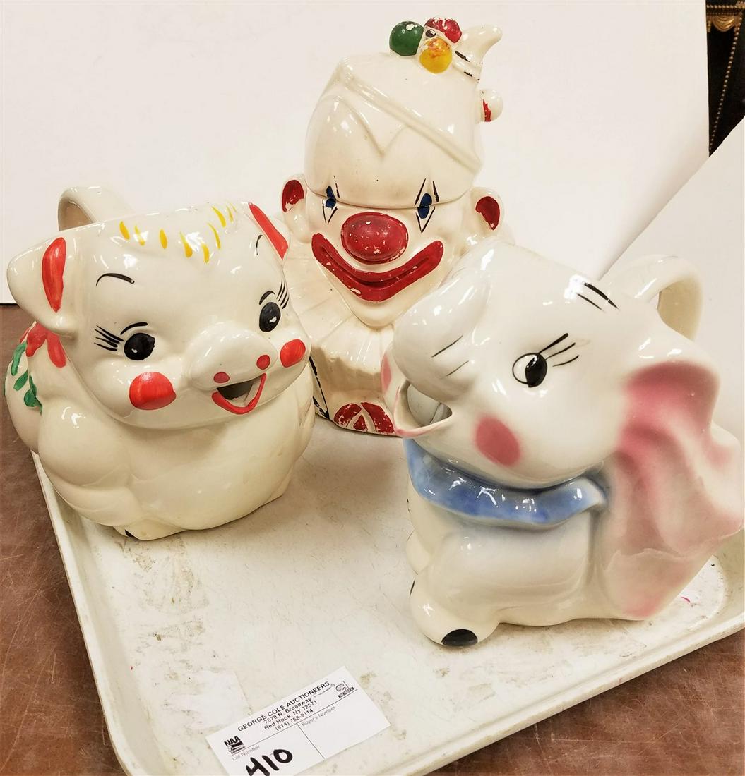 TRAY MCCOY CLOWN COOKIE JAR, 2 FIGURAL PITCHERS (1 of 3)